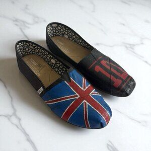 Toms Black Red Slip on Shoes 11 Flag Glitter Hand Painted Union Jack Flag 1D NEW